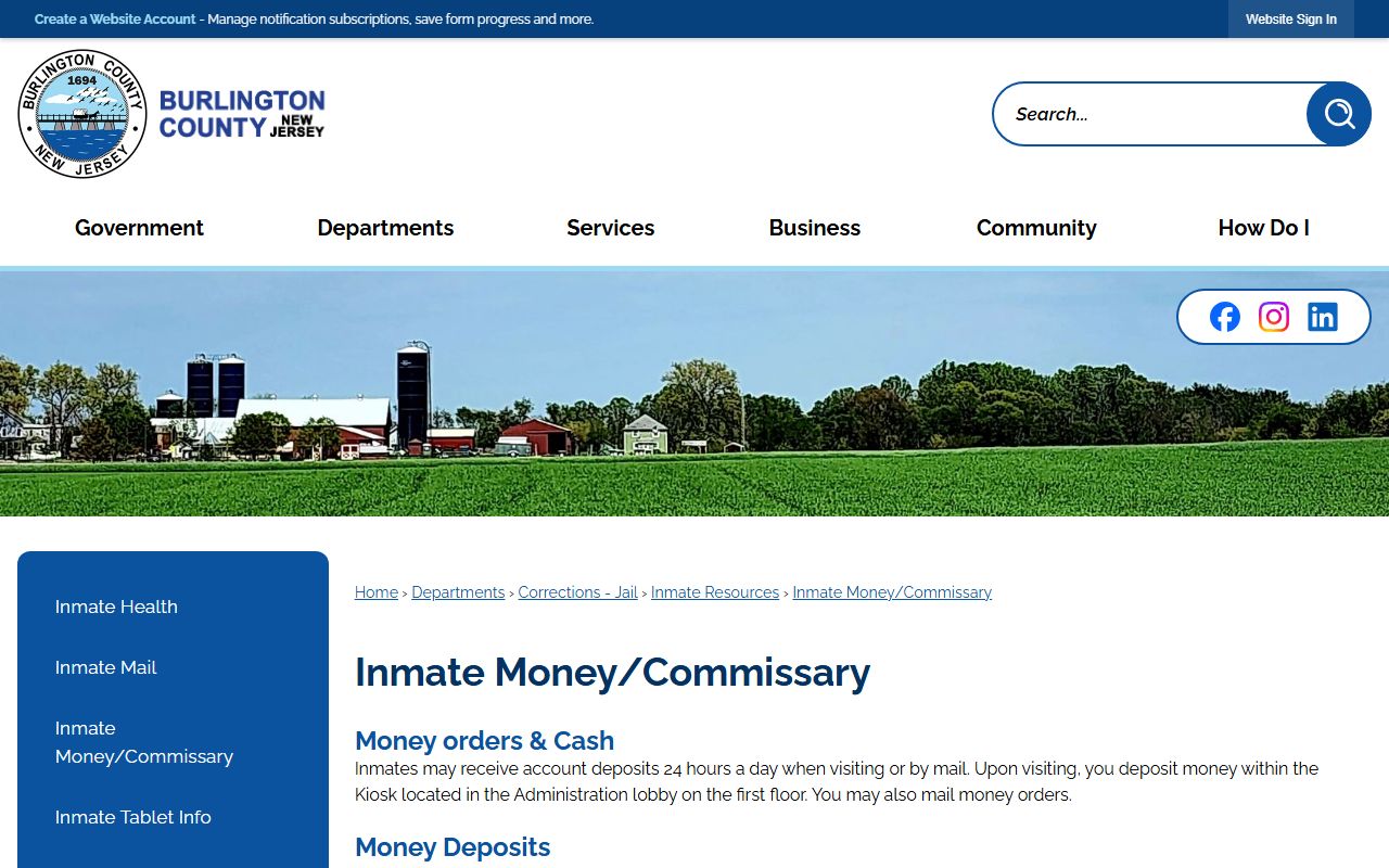 Burlington County inmate money and commissary instructions