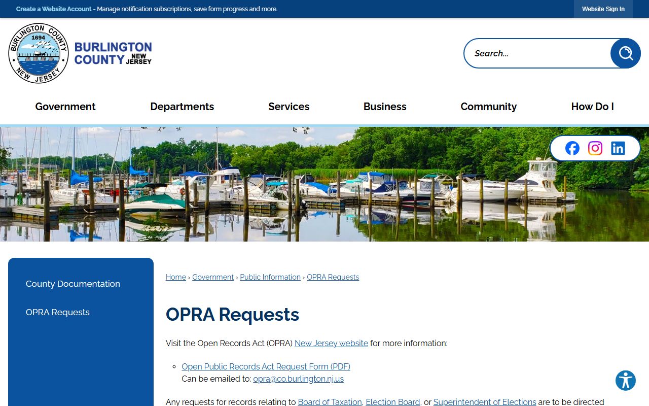 Burlington County OPRA page for inmate records requests