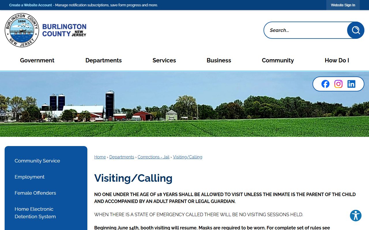 Burlington County visiting and calling instructions