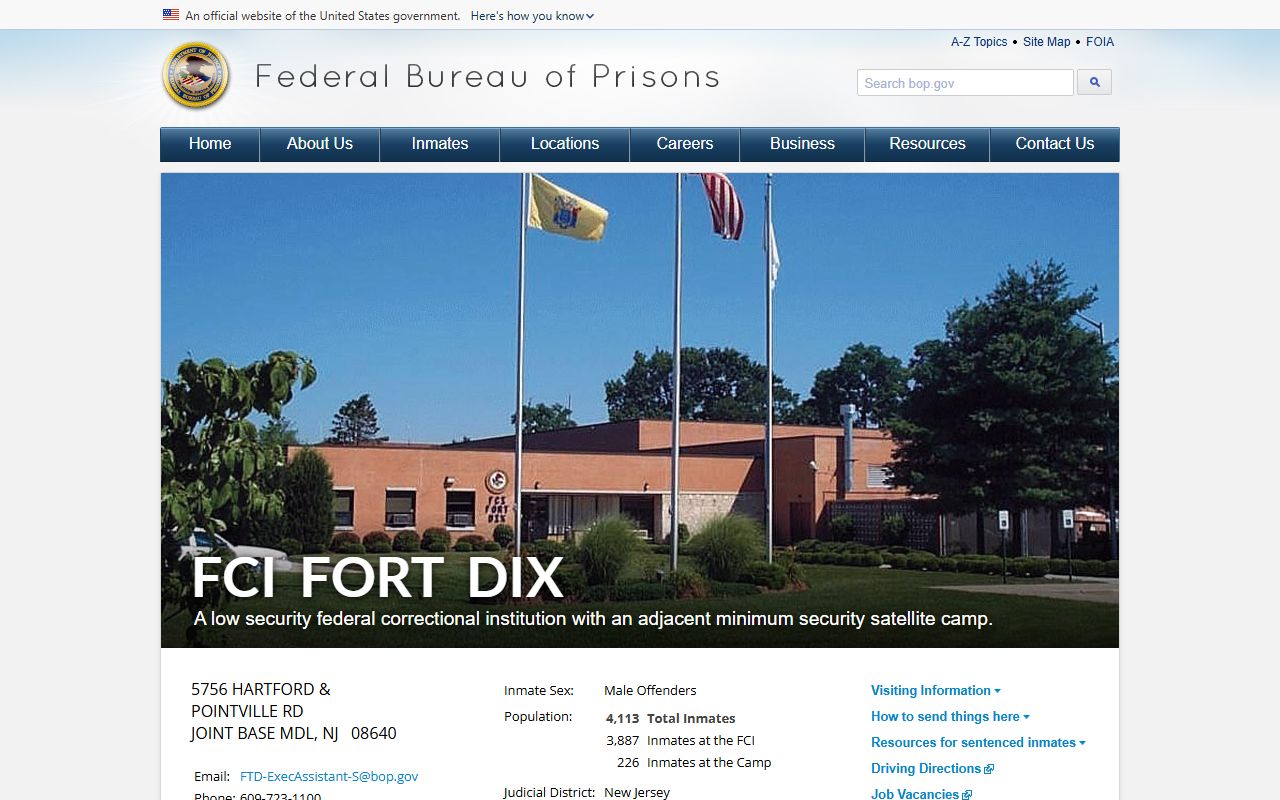 Official BOP FCI Fort Dix page for federal inmate custody information