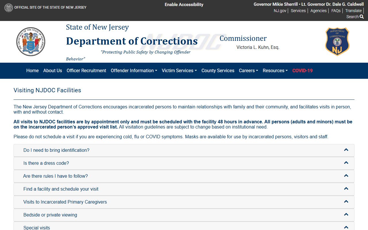 NJDOC visitation schedule for Garden State Youth Correctional Facility inmate visits